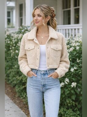 Beige Sherpa Cropped Jacket